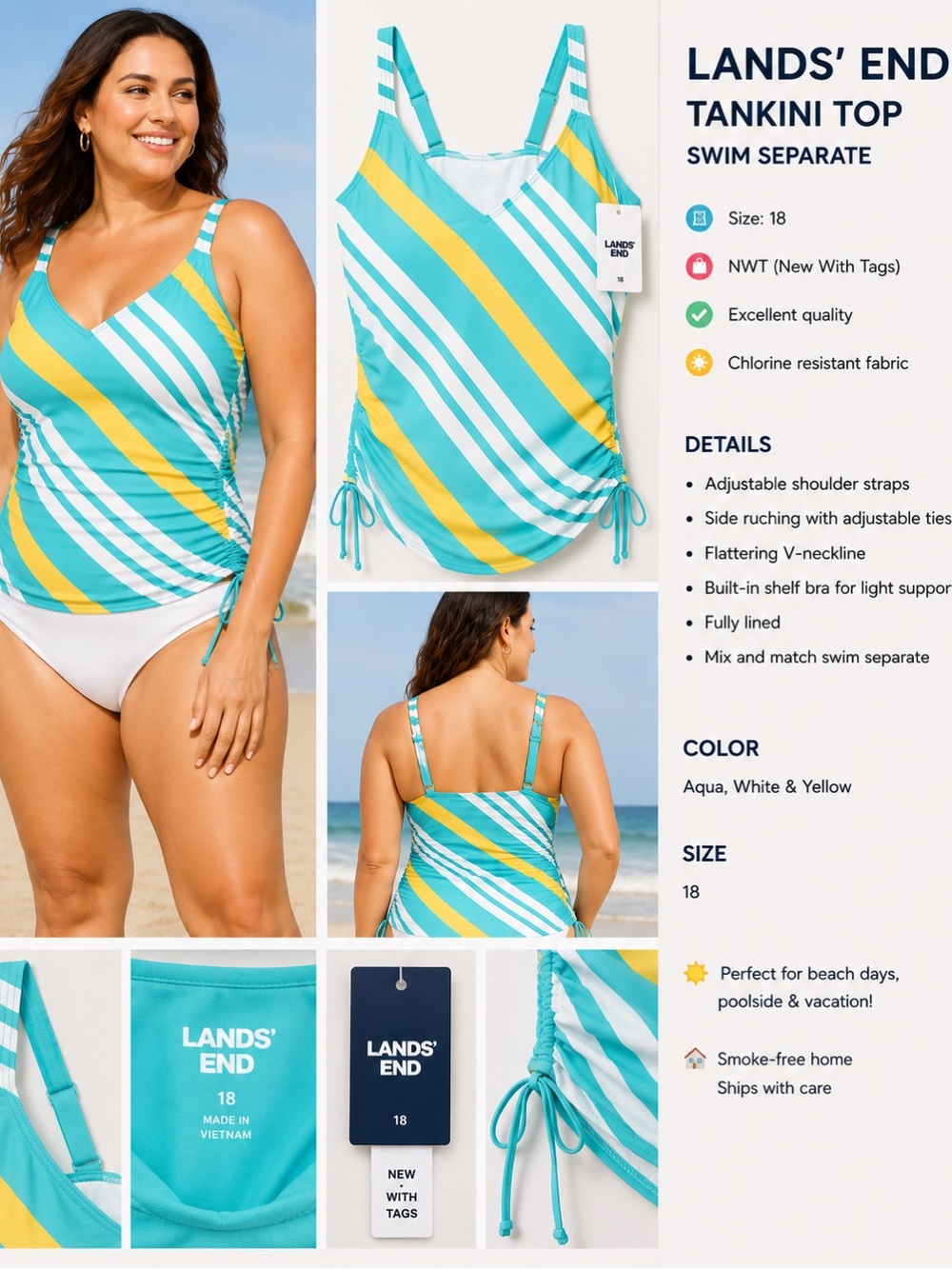 Lands’ End Tankini Swim Top Teal White Yellow Stripe Side Ruched size 18 NWT